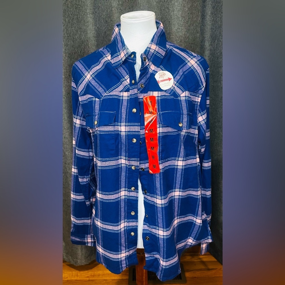JACHS Girlfriend Blue Pink Plaid Flannel Shirt Women’s Medium | Comfort Stretch